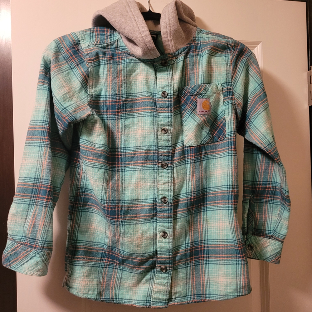 Carhartt Kids Girl's Teal Plaid Button Down Shirt with Gray Hood Size 14